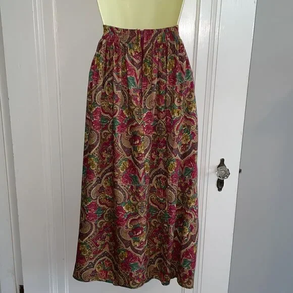 Vtg Liz & Me maroon & green floral paisley full skirt - Picture 4 of 9